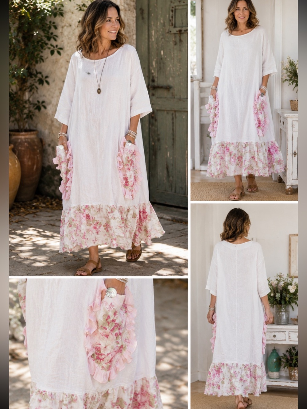 Italian  100% linen Lagenlook White Maxi dress pink floral ruffle pockets. Large